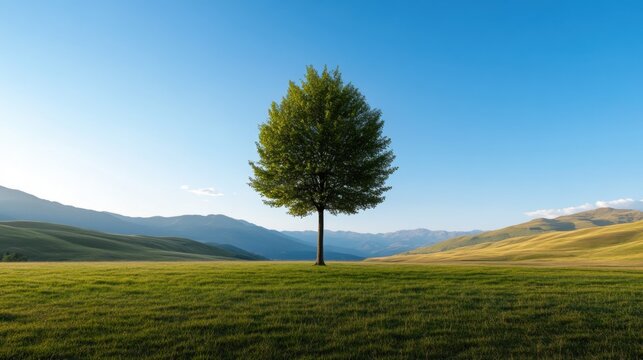 A solitary tree rises majestically in the middle of a vast green field, framed by rolling hills and a serene blue sky at sunset. Nature's tranquility is palpable here. - Powered by Adobe