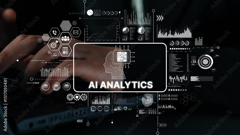 Poster business professional working on laptop with ai analytics concept and data visualization on screen f