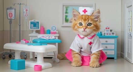 Ginger Kitten Dressed as a Nurse in Hospital Room Playful Veterinary Doctor Roleplay