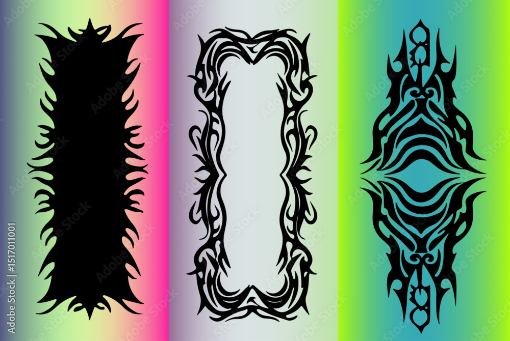 Poster three vector tribal frames on a colorful gradient background. the illustration features bold, sharp 