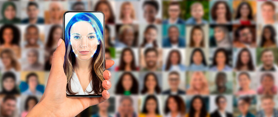 A hand holds a smartphone displaying a face scanning feature, while a collage of diverse faces fills the background. This showcases modern identification technology in action.