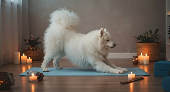 Fluffy Samoyed Dog Doing Yoga Stretching Poses on Mat with Candles Meditation Balance Concept