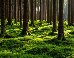 Obraz premium Sunlight filters through a dense forest