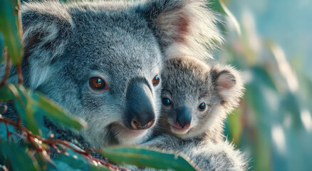 Obraz premium Close-Up of Mother Koala and Baby in Eucalyptus Tree, Symbolizing Family Values and Wildlife Conservation, Perfect for Educational Materials