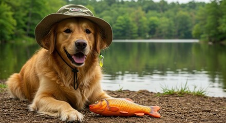 Golden Retriever with Fish Toy Outdoors Near Lake Happy Dog Enjoying Nature Relaxation at Lakeside