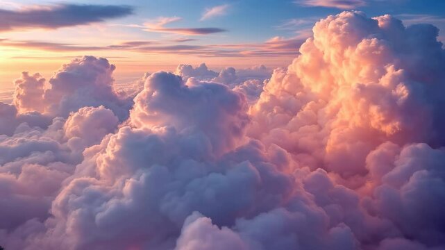 Fluffy cloud formations at sunset with pink and blue pastel colors. Use for meditation apps, heaven concepts, inspirational quotes and dreamy backgrounds