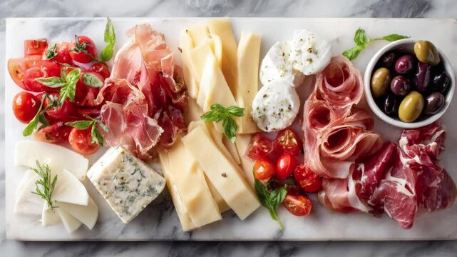 An enticing array of cured meats, cheeses, tomatoes, and olives on a marble board &ndash; perfect for sharing and enjoying! (zoom out)