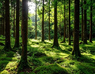 Obraz premium Sunlit forest floor covered in moss and trees