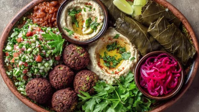 A colorful medley of Middle Eastern dips, salads, and falafel, perfect for sharing with friends and family. (zoom out)