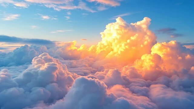 Fluffy cloud formations at sunset with pink and blue pastel colors. Use for meditation apps, heaven concepts, inspirational quotes and dreamy backgrounds