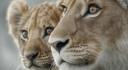 Fototapeta premium Lioness and Cub in Close-Up, Symbolizing Generational Mentorship and Wildlife Conservation, Perfect for Animal Welfare Campaigns