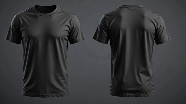 A front and back view of a dark gray short sleeved t shirt against a gray colored background