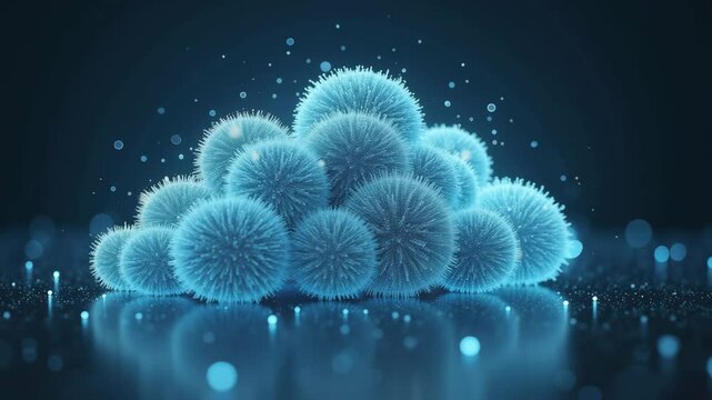 A group of glowing blue spherical microorganisms or nanobots floats in a dark digital space. Ideal for biotech, nanotechnology, microbiology, and futuristic science visuals.