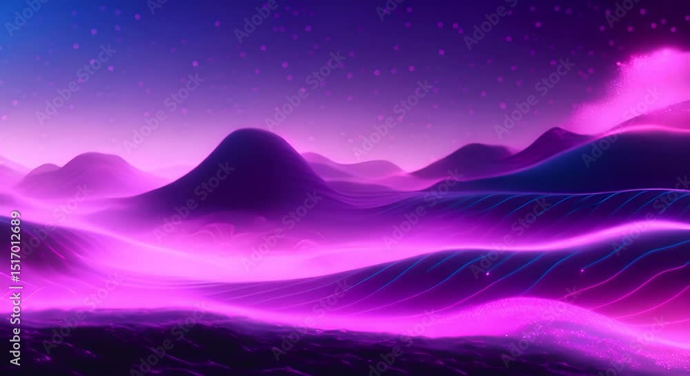 Poster abstract digital landscape with glowing particles and waves background seamless looping motion desig