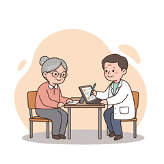 Elderly woman consulting with a doctor at a table during a health consultation  