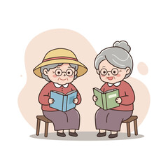 Elderly women reading books while sitting on stools in a cozy setting  
