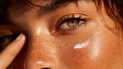 Closeup Freckled Face Woman Applying Cream Suncare Skincare Beauty Golden Hour Natural Light Soft Focus Detailed Texture Healthy Skin Young Adult Female Portrait         