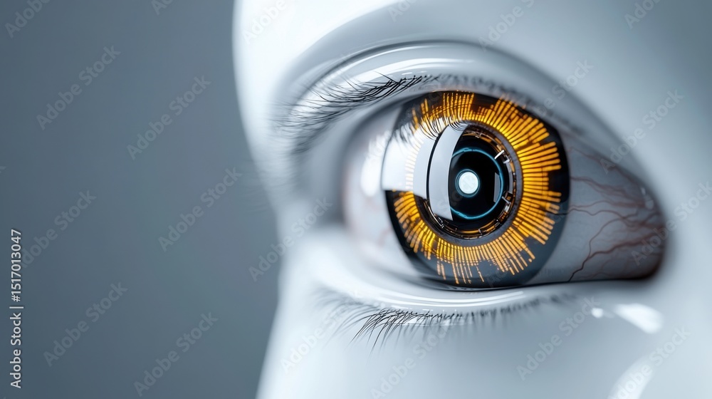 Poster a detailed close-up of a robotic eye emphasizes its advanced technology and intricate details. brigh