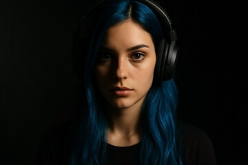 Pretty young 18 to 20 year old woman with long vibrant blue hair and piercing brown eyes with a contemplative gaze while wearing black wireless headphones against a dark backdrop