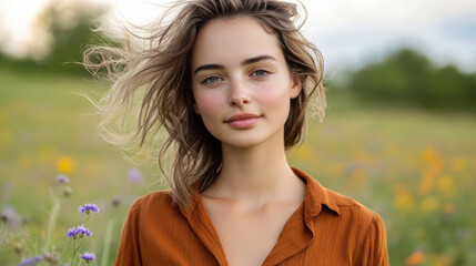 A young woman stands confidently in a colorful wildflower field as the sun sets, enjoying the gentle breeze that tousles her hair, radiating natural beauty and serenity.
