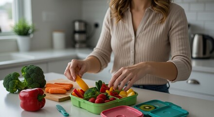 Woman Arranging Healthy Vegetable Snack Tray in Kitchen Lunchbox for Diet Concept Foodie