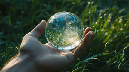 A human hand presents a glass Earth atop fresh grass, symbolizing environmental preservation and ecological awareness