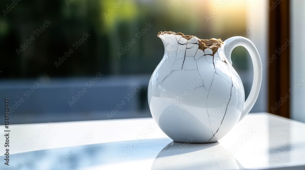 Poster a white pitcher with a distinct crack pattern rests on a table. the warm sunlight enhances its uniqu