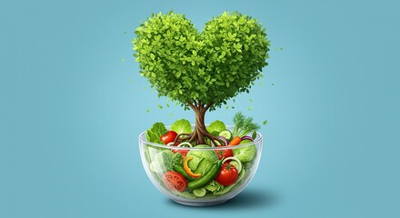 Healthy Salad in Bowl with Heart Tree Concept of Natural and Organic Food Lifestyle