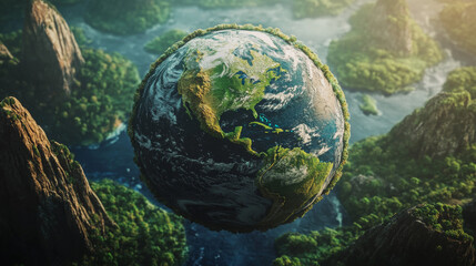 Fototapeta premium Concept for Earth Day with individualsâ€™ hands wrapped around a handcrafted globe, highlighting renewable energy, ESG values, and shared environmental responsibility