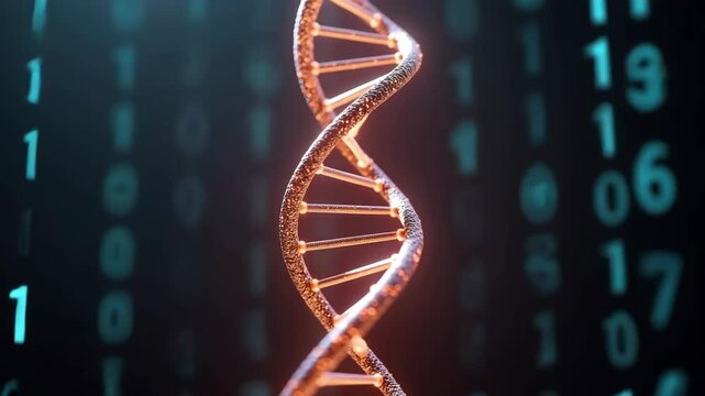 A glowing 3D DNA helix surrounded by binary code, symbolizing the fusion of biotechnology and artificial intelligence. Ideal for genetics, data, and future science themes. - Powered by Adobe