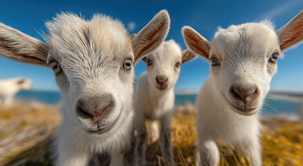 Obraz premium Curious Baby Goats Looking at Camera in a Field, Representing Innocence and Animal Welfare for Pet Care and Farming