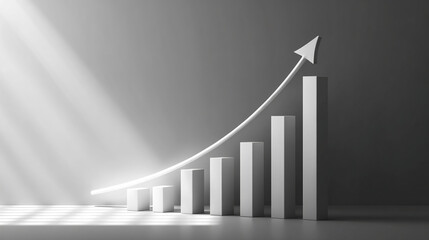 Ascending white bar graph with arrow, illuminated by light beams, showcasing growth and success, ideal for business or financial concepts