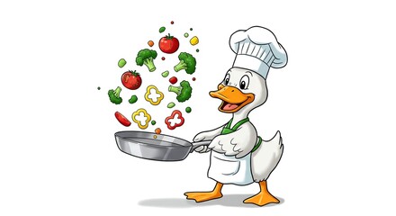 Funny Duck Cartoon Character in Chef's Hat Cooking Tossed Vegetables Isolated on White Background Illustration