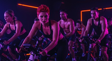 Intense Cycling Class Sweaty People On Bikes In Dark Gym Cardio Workout Energetic Fitness Training