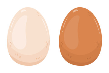 Two chicken eggs white and brown. Vector illustration isolated objects. Ingredients for making breakfast, scrambled eggs, glazed eggs. Whole shell, raw, boiled