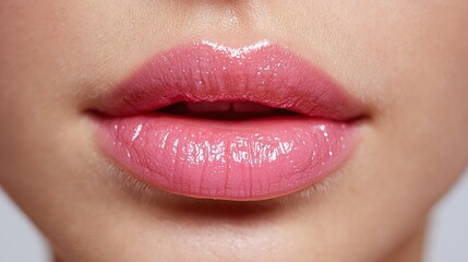 Fototapeta premium Closeup Shot of Beautiful Pink Lips with Glossy Lip Makeup Perfect for Beauty Cosmetics Advertisement or Skincare Product Packaging Design High Resolution Image soft 
