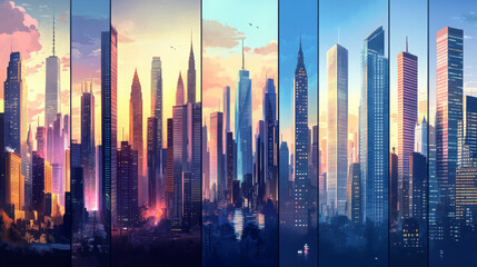 Illustrative set of skyscraper-filled city scenes shown at various times, from dawn to dusk across different seasons