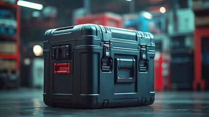 Black hard-shell case on floor, blurred workshop background