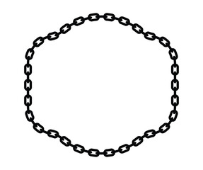Fototapeta premium Minimalist black chain outline forms a clean oval frame. Geometric repeating links on pure white background. Flat top-down perspective, no shadows or details. Simple decorative element.
