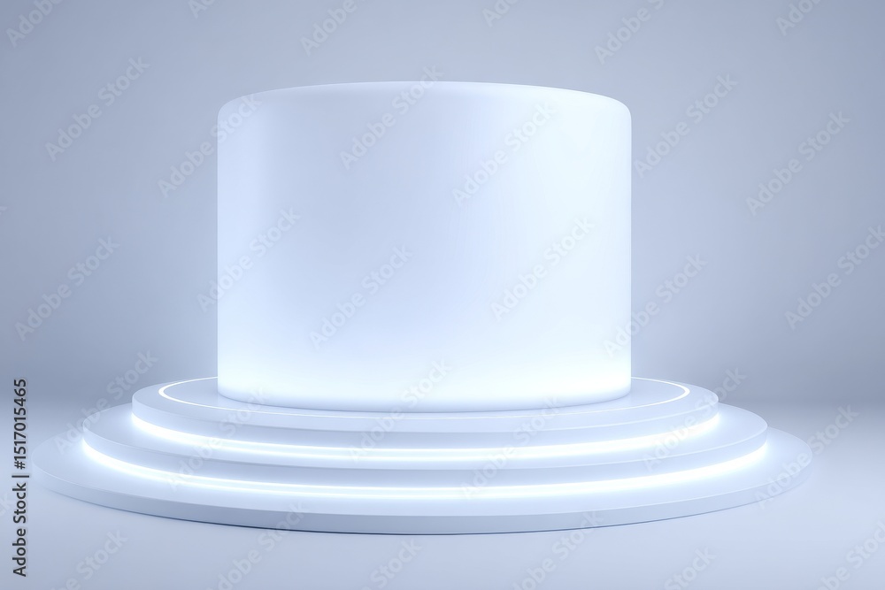 Poster a blank studio podium with a round pedestal and white template on a simple background is illuminated