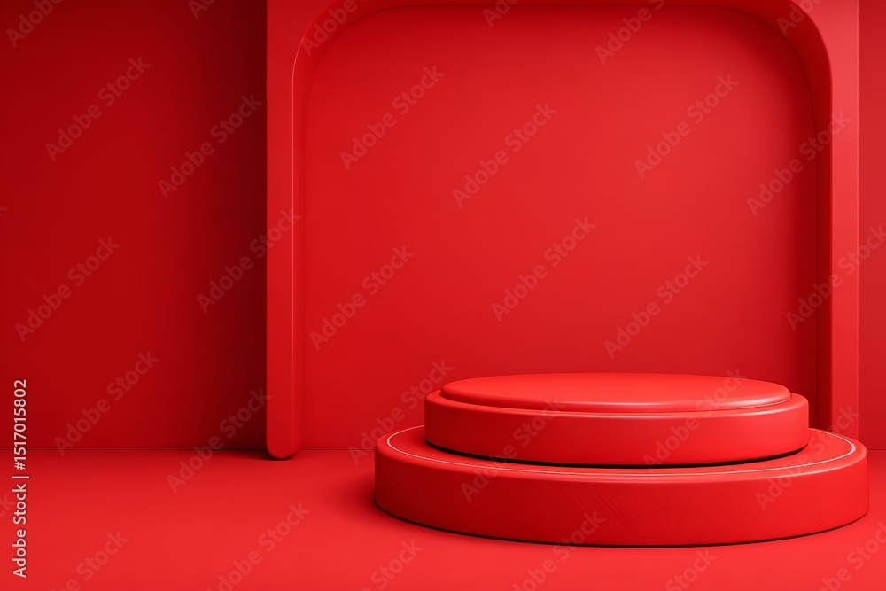 Poster the image features a vacant, red-tinted background constructed from cement, paired with a display st