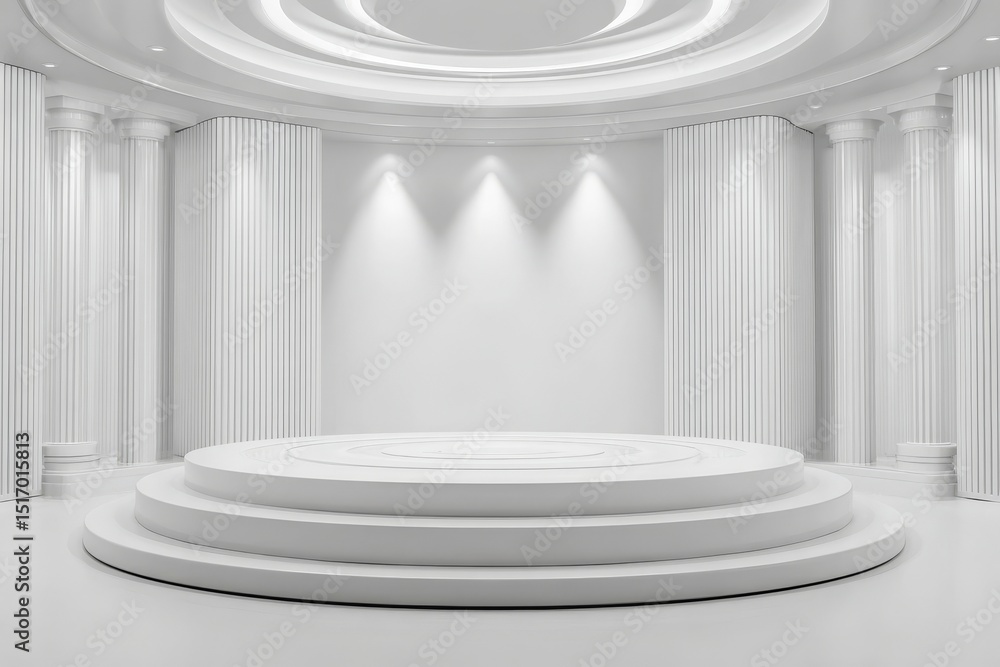 Poster a white podium stands in a modern room with a illuminated light background, used for showing or pres