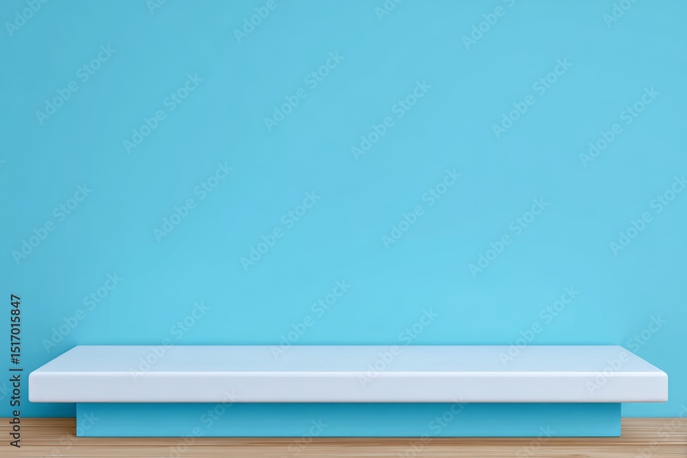 Poster the display features a backdrop of shelves, presented in a minimalist style with a light blue table 
