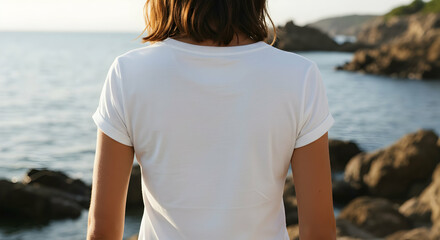 Woman in white tshirt ocean view summer mockup design