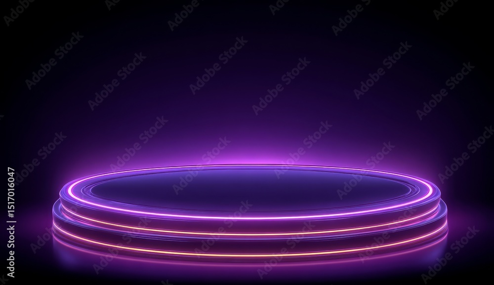 Poster a modern pedestal with a neon-lit platform is showcased on a luxurious stand in a dark room, set aga