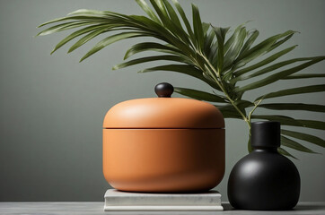 Minimalist Matte Black Bottle with Tropical Leaves, Modern Gradient Orange Background
