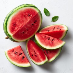 Freshly sliced watermelon displayed on a white surface with mint leaves