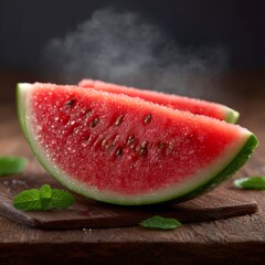 Freshly cut watermelon slices on a wooden board with mint leaves and steam rising