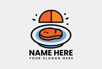 Cooked steak serving on a blue-rimmed plate with an opened orange lid. Food concept