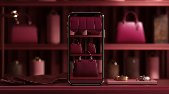 Smartphone displays maroon handbags on a virtual shelf, showcasing online shopping concept.  Elegant, modern design symbolizes convenience and luxury